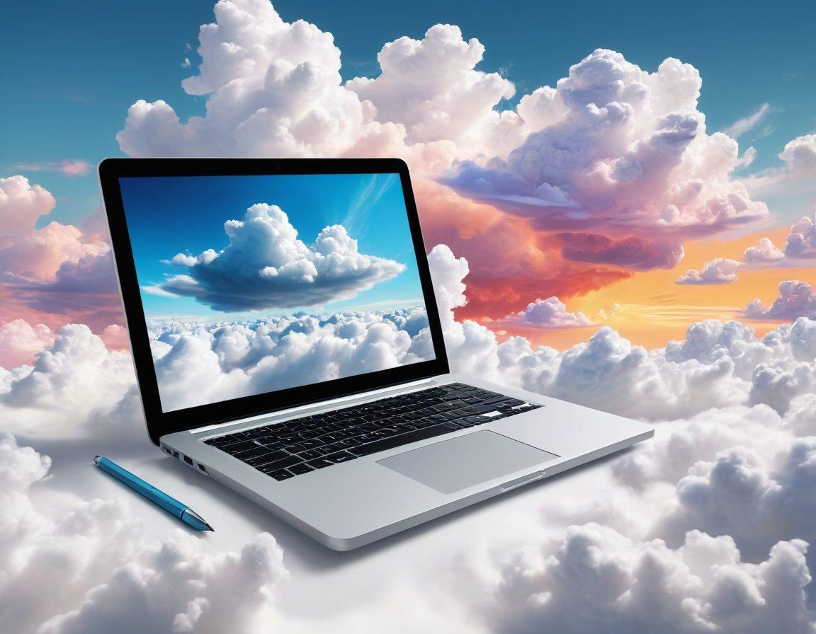 A surreal landscape blending technology and creativity, featuring floating digital tools like a stylus, laptop, and a camera among vibrant clouds. Include abstract representations of content such as text, images, and videos swirling around, symbolizing effortless creativity. The scene should have a bright, inviting color palette that inspires innovation and exploration. vector art. vibrant colors. white background.