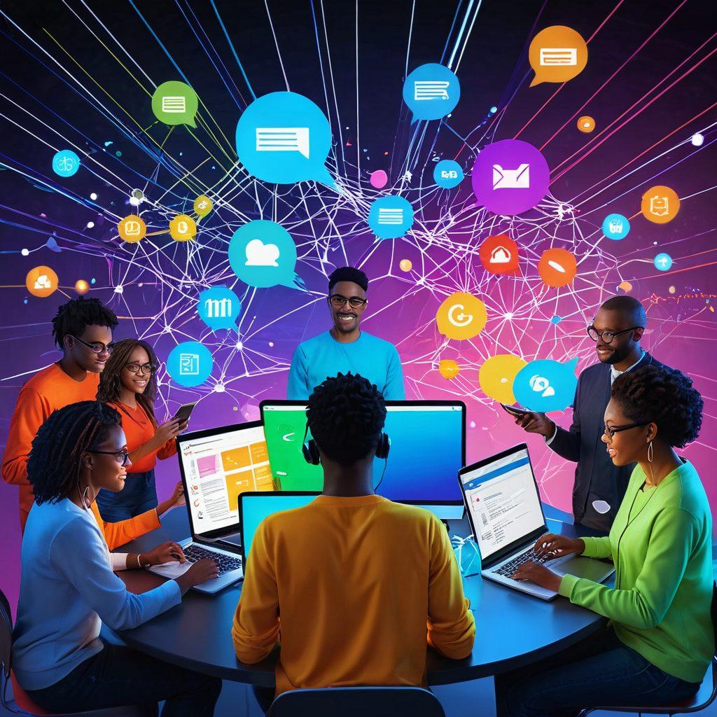 A vibrant, interconnected web of diverse people engaging online through their devices, showcasing collaboration and creativity. Include visual elements representing content creation, such as documents, multimedia tools, and chat bubbles, all glowing against a digital background. The atmosphere conveys enthusiasm and community spirit, emphasizing the power of impactful online content. super-realistic. vibrant colors. 3D.