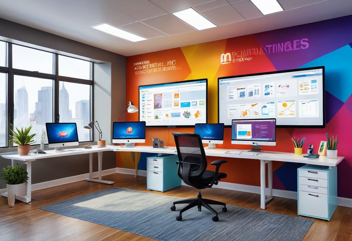 A vibrant digital workspace showcasing a creative individual enthusiastically engaging with various online content tools, surrounded by screens displaying colorful graphics, social media icons, and creative designs. The background should include elements of collaboration like a virtual meeting with diverse participants. Add motivational quotes floating in the air, and a warm, inviting ambiance that suggests inspiration. super-realistic. bright colors. 3D.
